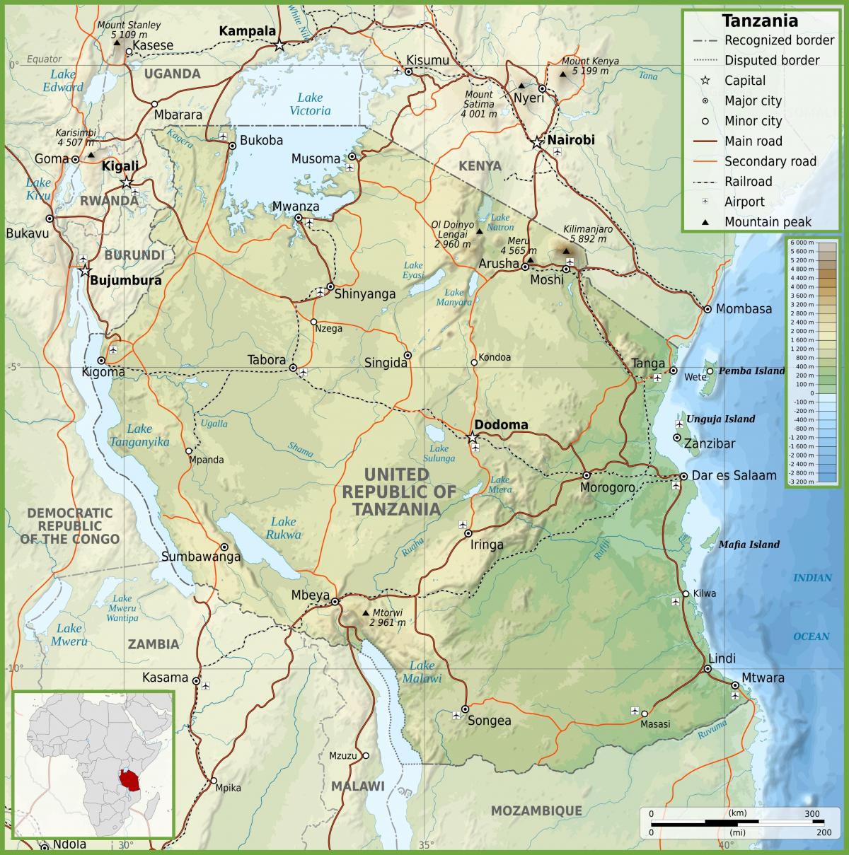 تانزانیا نقشه راه با کیلومتر
