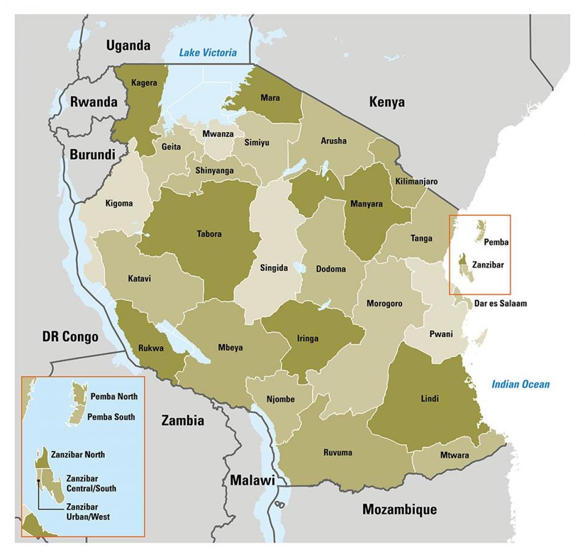 نقشه تانزانیا نشان دادن مناطق