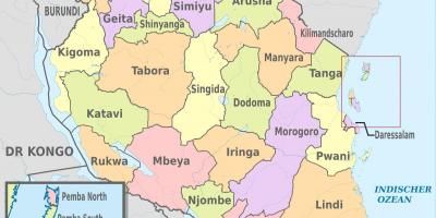 نقشه تانزانیا نشان دادن مناطق و نواحی